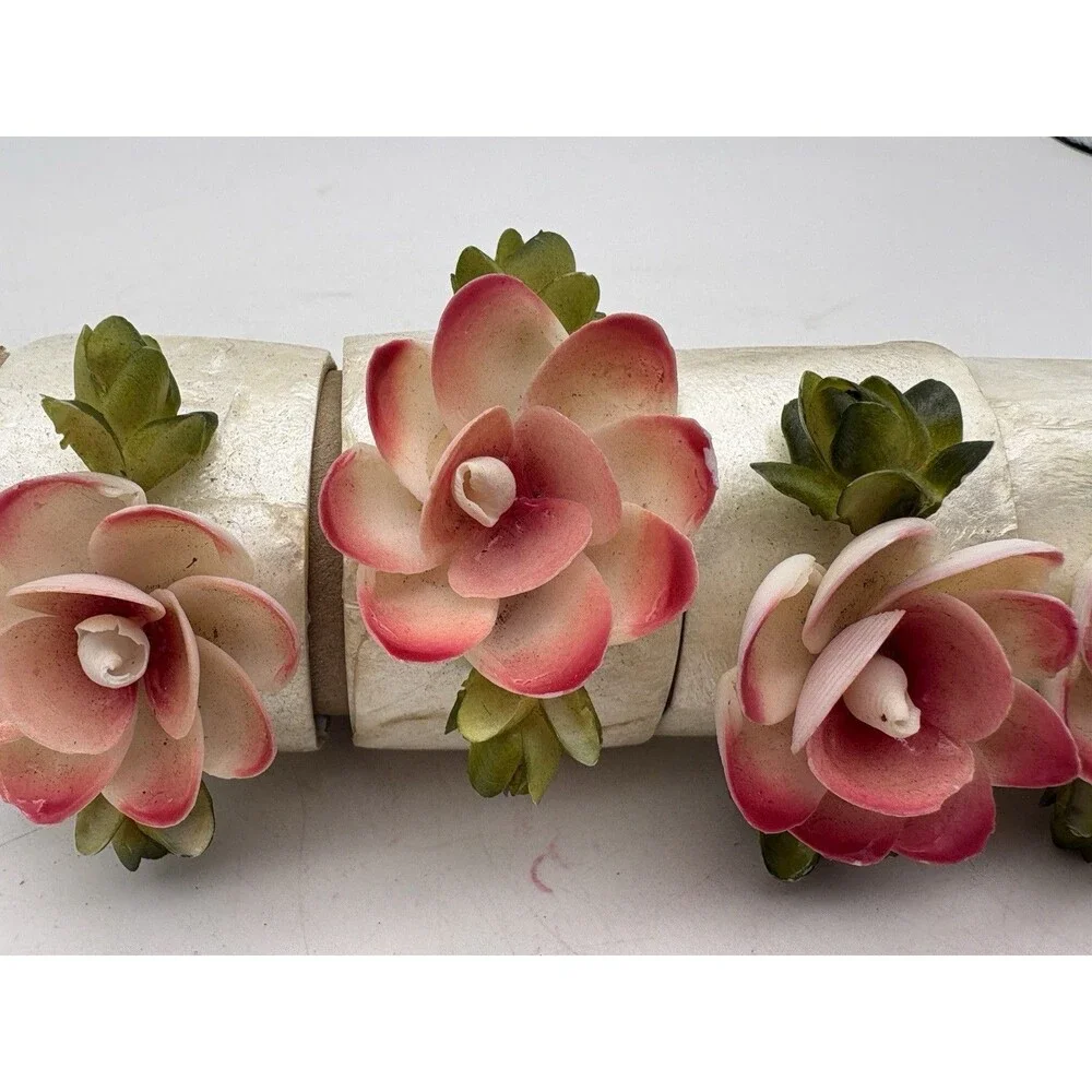 Vintage Capiz Shell Pink Flower Napkin Rings Set of 6 Handmade Philippines